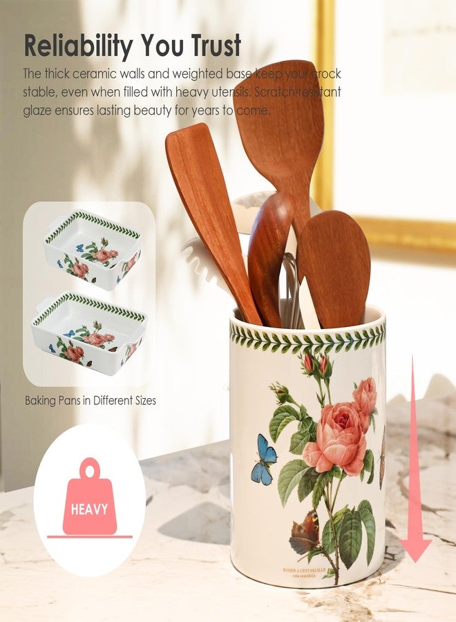 ACMLIFE Extra Large Cooking Utensil Holder, 7.3" Kitchen Utensil Holder for Countertop, Utensil Crock for Farmhouse Kitchen Decor, Ceramic Stable Utensil Caddy, Floral (Rose) - Image 4